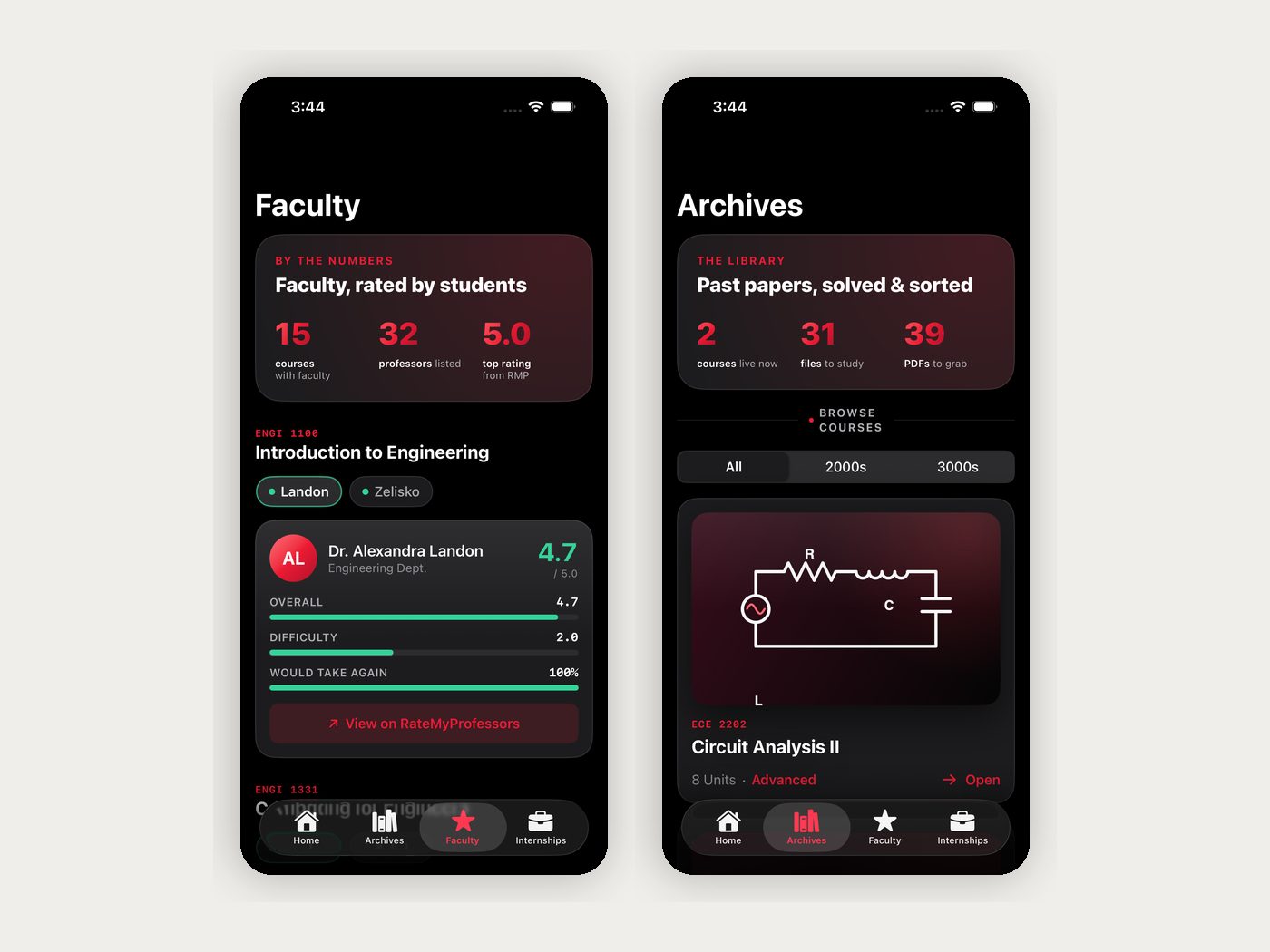 ECEUH iOS app: Faculty tab with student-sourced professor ratings, and Archives tab browsing past-paper libraries by course