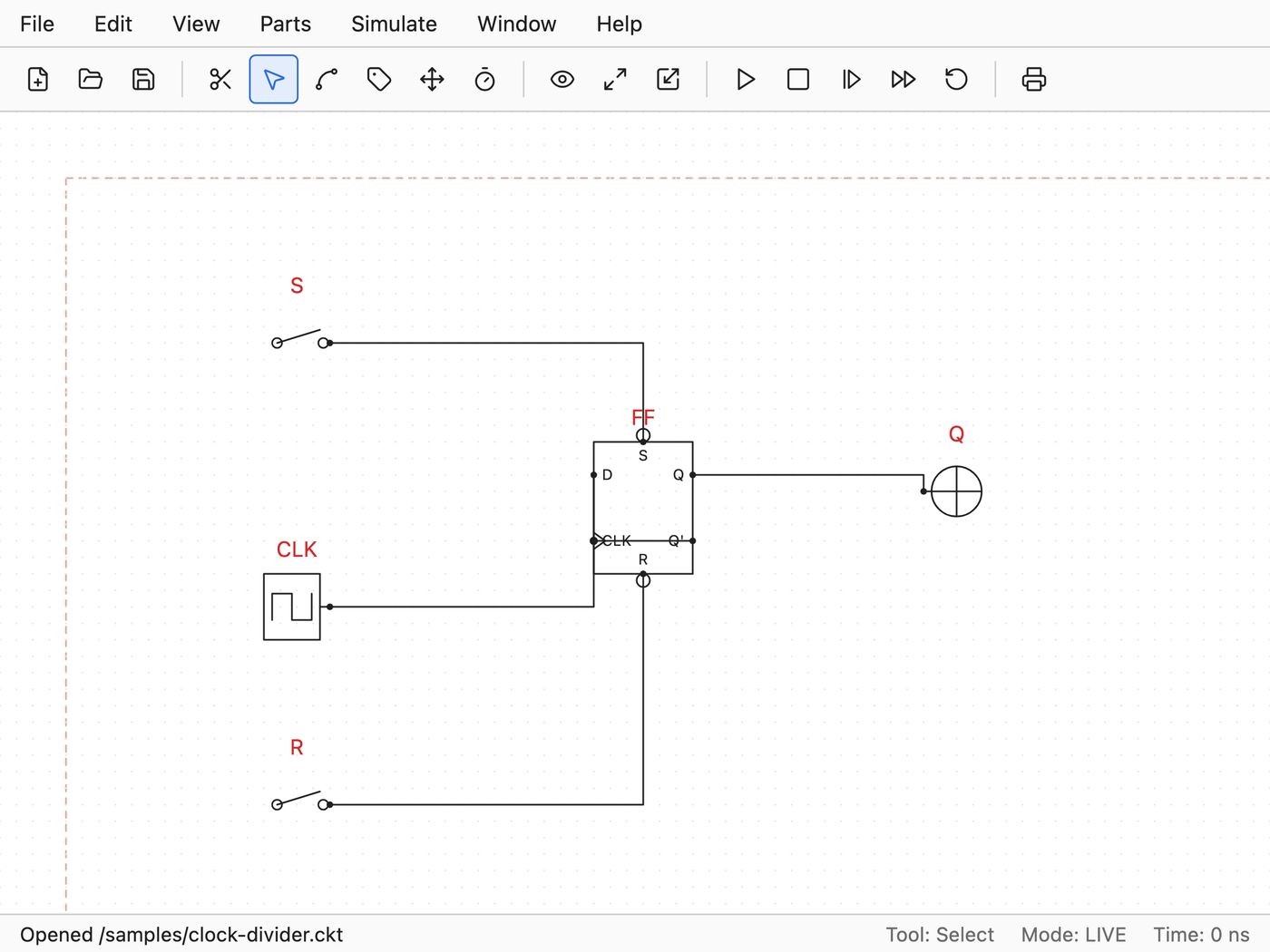 SimUAid schematic editor with a D flip-flop circuit loaded: S and R switches, clock source, and Q probe on the canvas