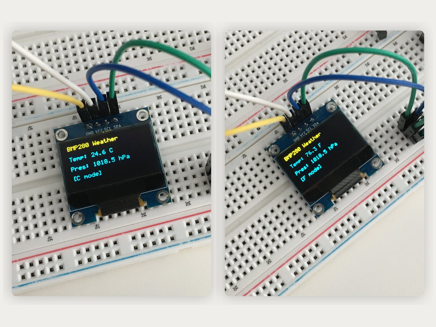 The same SSD1306 OLED photographed twice, reading 24.6 C in C mode and 76.3 F in F mode at the same 1018.5 hPa, showing the interrupt-driven unit toggle